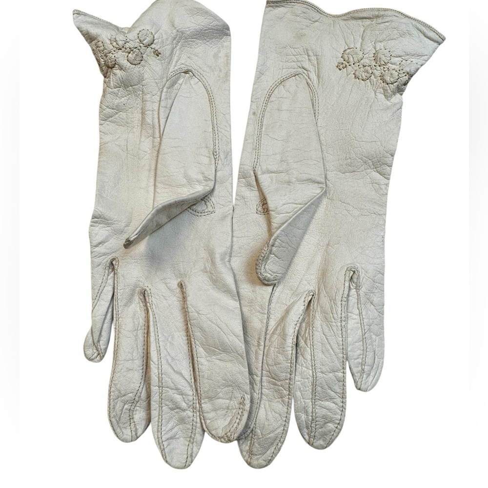 VINTAGE White Leather Kid Gloves Driving Women’s Washable Size 6.5 SM Costume